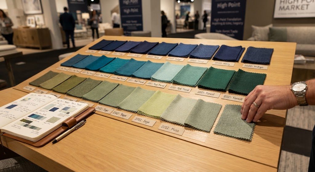 Fabric swatches showing color cycle from navy blue to teal to sage green over three rows at High Point Market.
