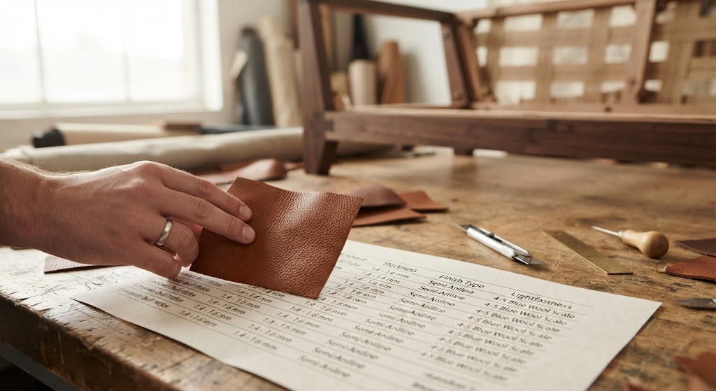  Leather spec sheet with hide source, thickness, and finish type columns, compared against a physical swatch.