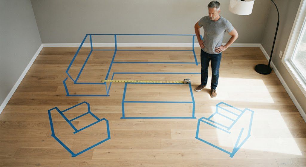 Furniture Layout Tape Test Painter's tape on the floor outlining furniture placement, with a tape measure showing the 18-inch gap between sofa and coffee table.