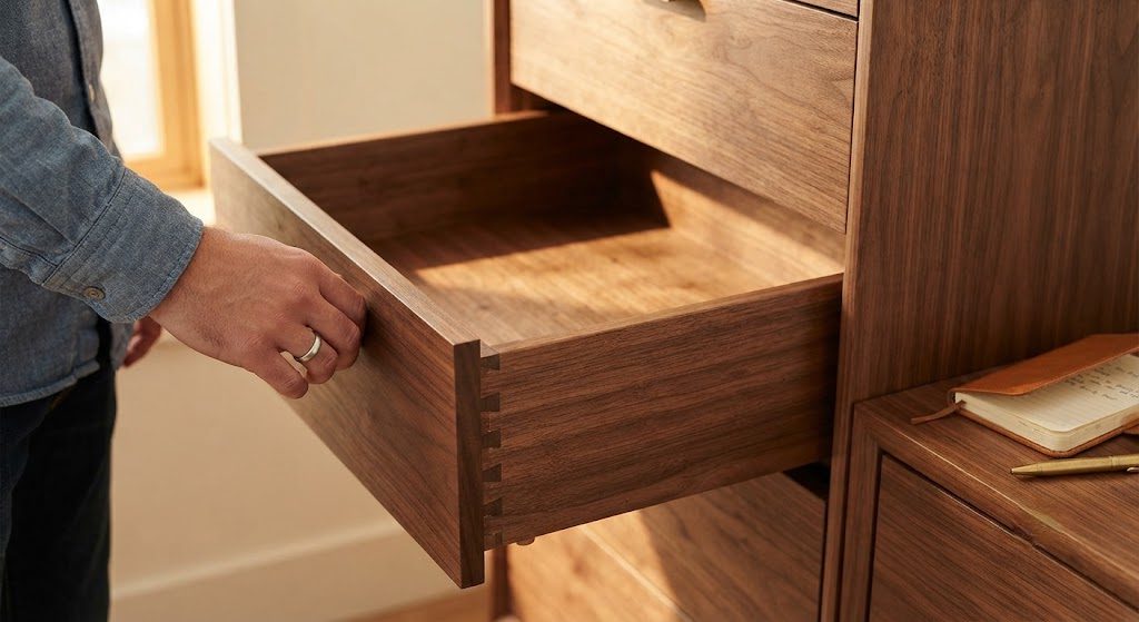 Open dresser drawer showing dovetail joinery, solid wood bottom panel, and sanded interior finish.