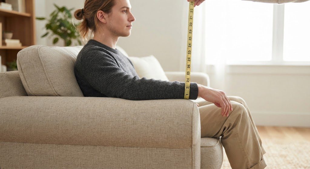 Side view of a person sitting on a sofa, arm resting on an armrest measured at 25 inches in height using a tailor’s tape.