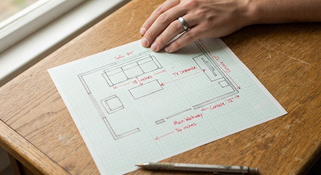  Hand-drawn floor plan showing furniture spacing measurements for a living room layout.