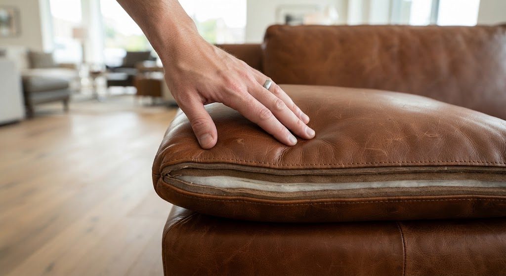 Close-up of a hand pressing into a full-grain leather sofa arm, showing triple-layer cushion construction.