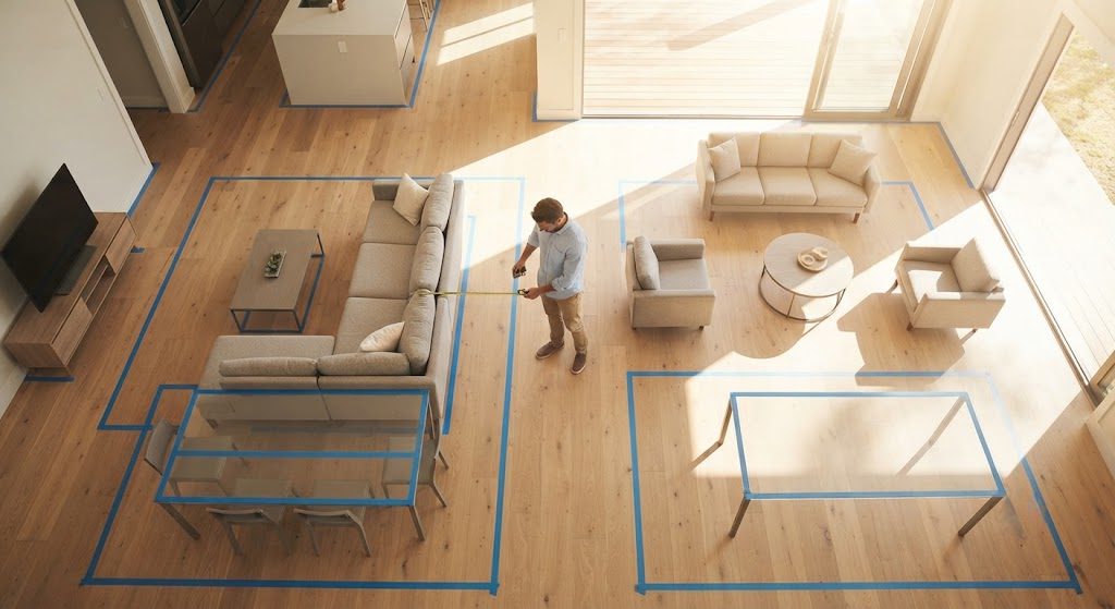 Overhead view of an open-plan room with taped outlines comparing sectional and sofa layouts.
