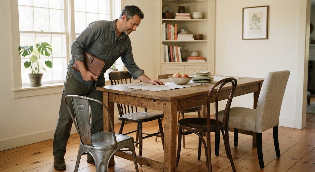 Solid wood dining table surrounded by intentionally mismatched chairs in different styles.

