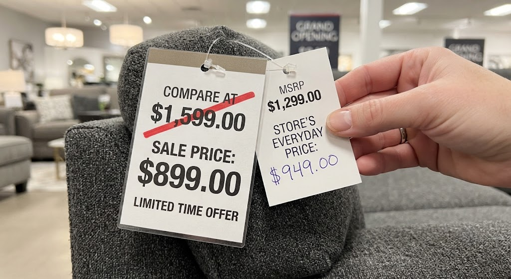 Comparison of two furniture price tags showing an inflated compare-at price versus actual MSRP.