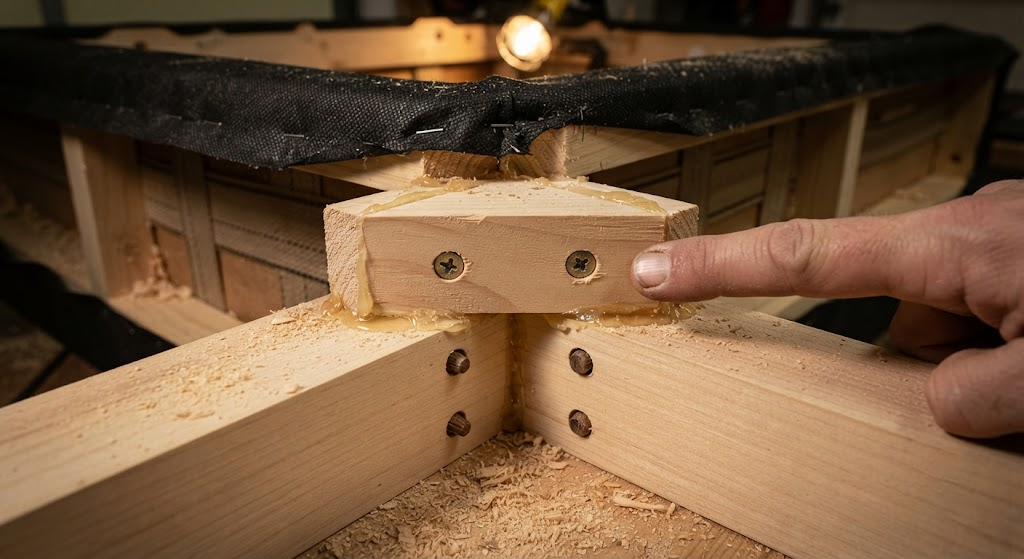 Close-up of a sofa corner block showing glued and screwed joinery with double dowels under a lifted dust cover.

