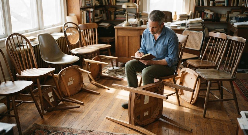 Dining Chair Test Setup Man testing dining chairs in a home office, surrounded by twelve different models, some flipped upside down.