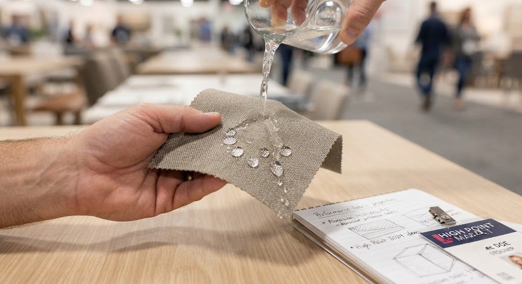 Hand testing water repellency on a new outdoor performance fabric swatch at High Point Market.