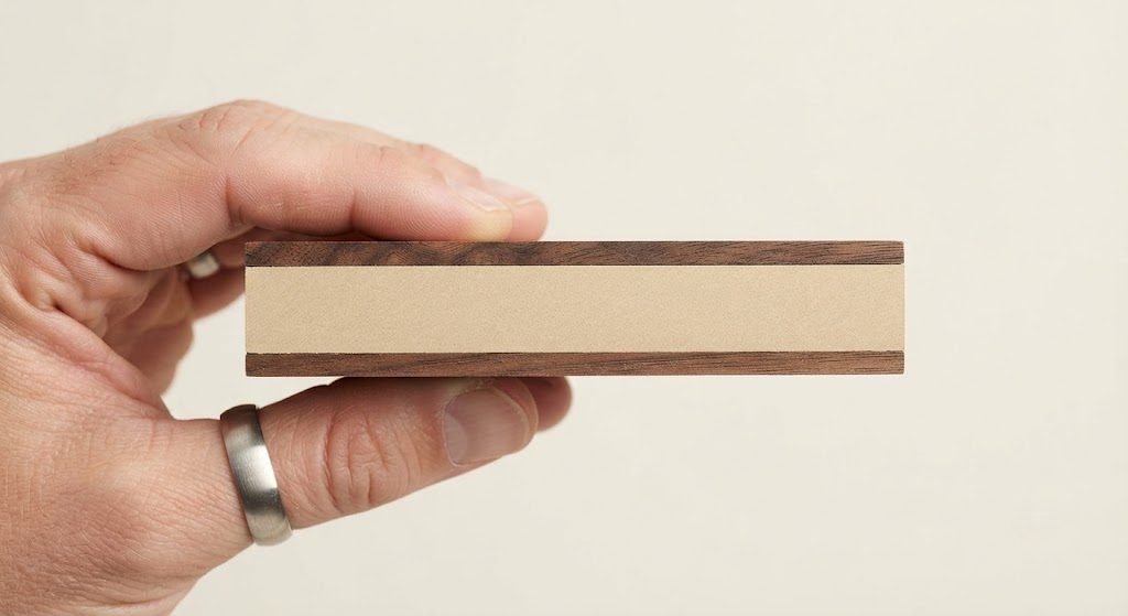 Veneer Over MDF Cross-Section Cross-section of a furniture panel showing wood veneer over an MDF core, held in a hand.