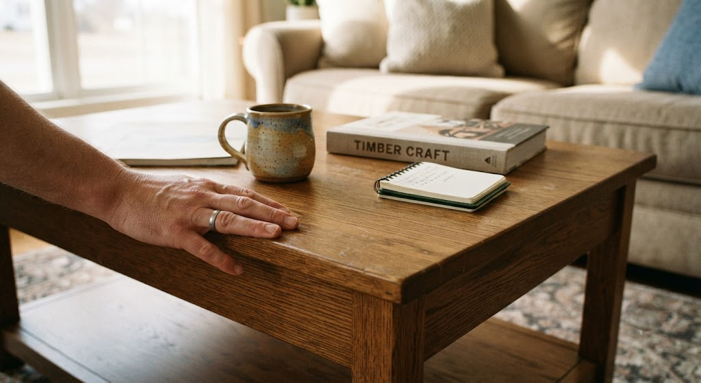 Hand resting on a solid wood coffee table, testing its sturdiness in a furnished living room.