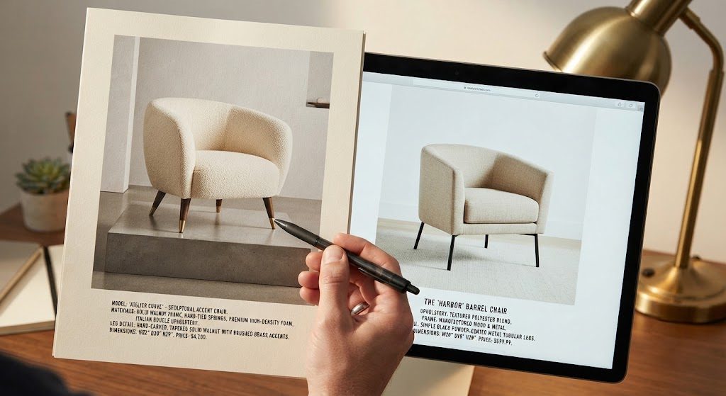 Trend Chain: High-End vs. Mid-Market Comparison of a high-end accent chair and a mid-market version, highlighting differences in leg detail and proportions.