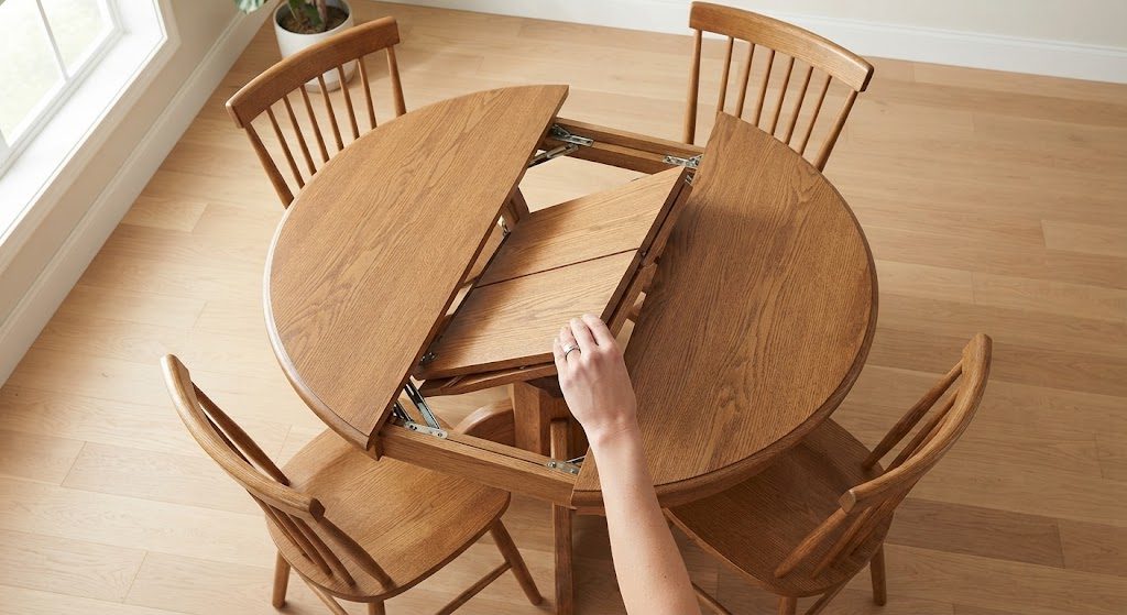  Overhead view of a round extendable dining table with a butterfly leaf being pulled open by a hand.