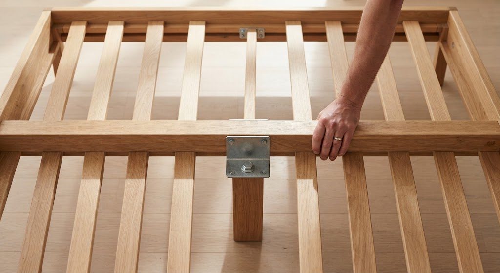  Close-up of a center support beam and slats on a wooden bed frame, hand pressing to show zero sag.