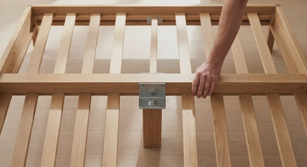  Close-up of a center support beam and slats on a wooden bed frame, hand pressing to show zero sag.