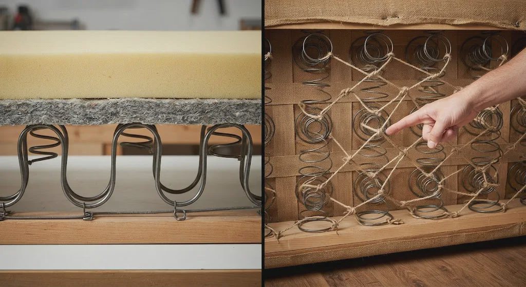 Comparison of sinuous spring platform and eight-way hand-tied coil spring system in two high-end sofas.