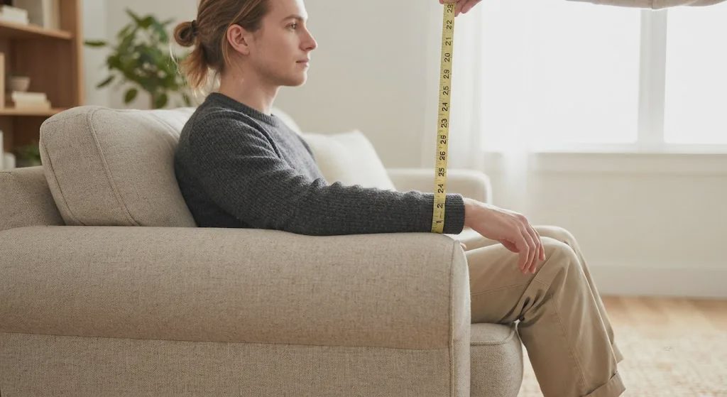 Side view of a person sitting on a sofa, arm resting on an armrest measured at 25 inches in height using a tailor’s tape.