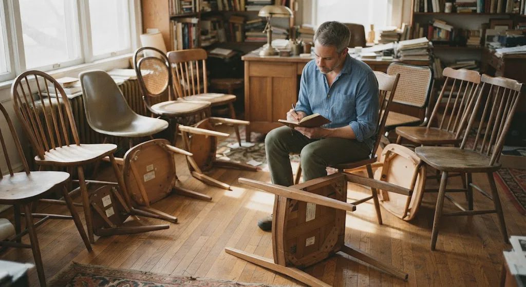 Man testing dining chairs in a home office, surrounded by twelve different models, some flipped upside down.